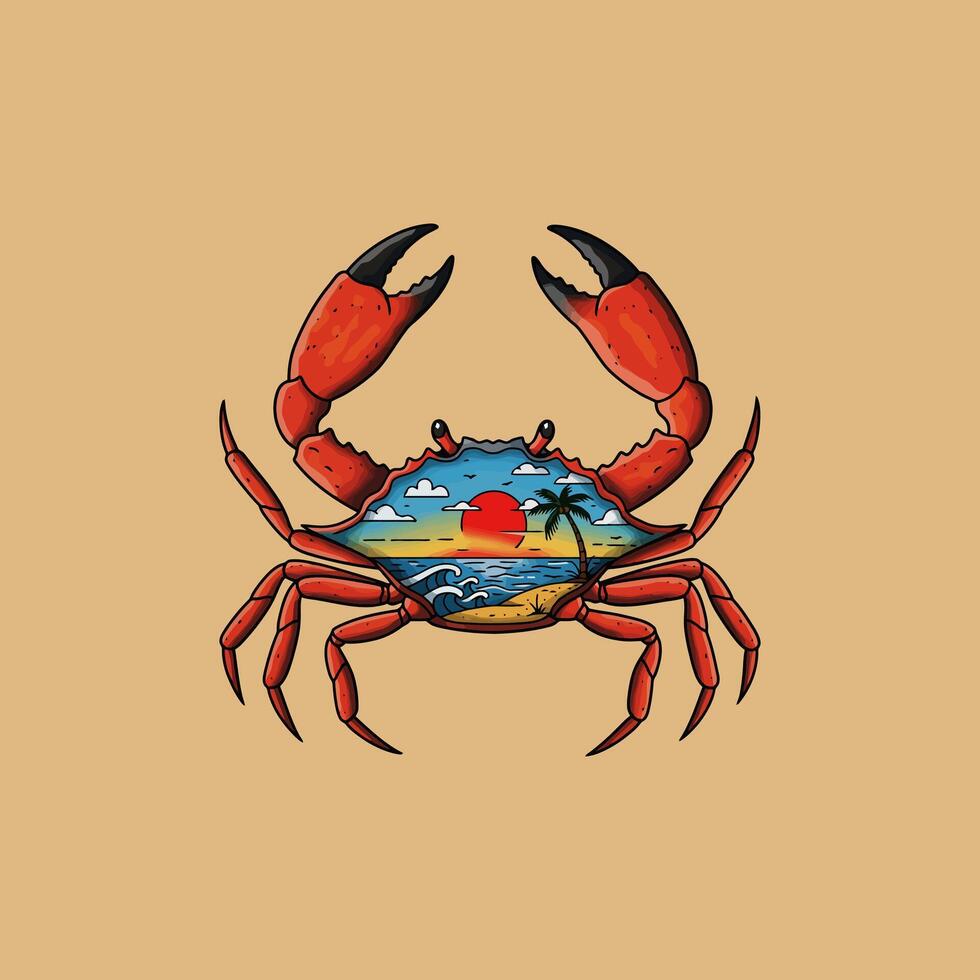 A stylized illustration depicts a red crab with a tropical beach sunset scene visible through its body. vector
