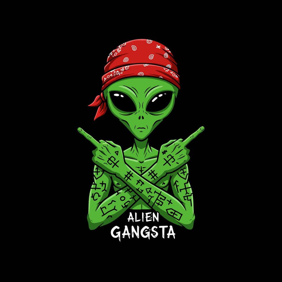 A stylized illustration of a green alien gangster wearing a red bandana with crossed arms and tattoos. vector