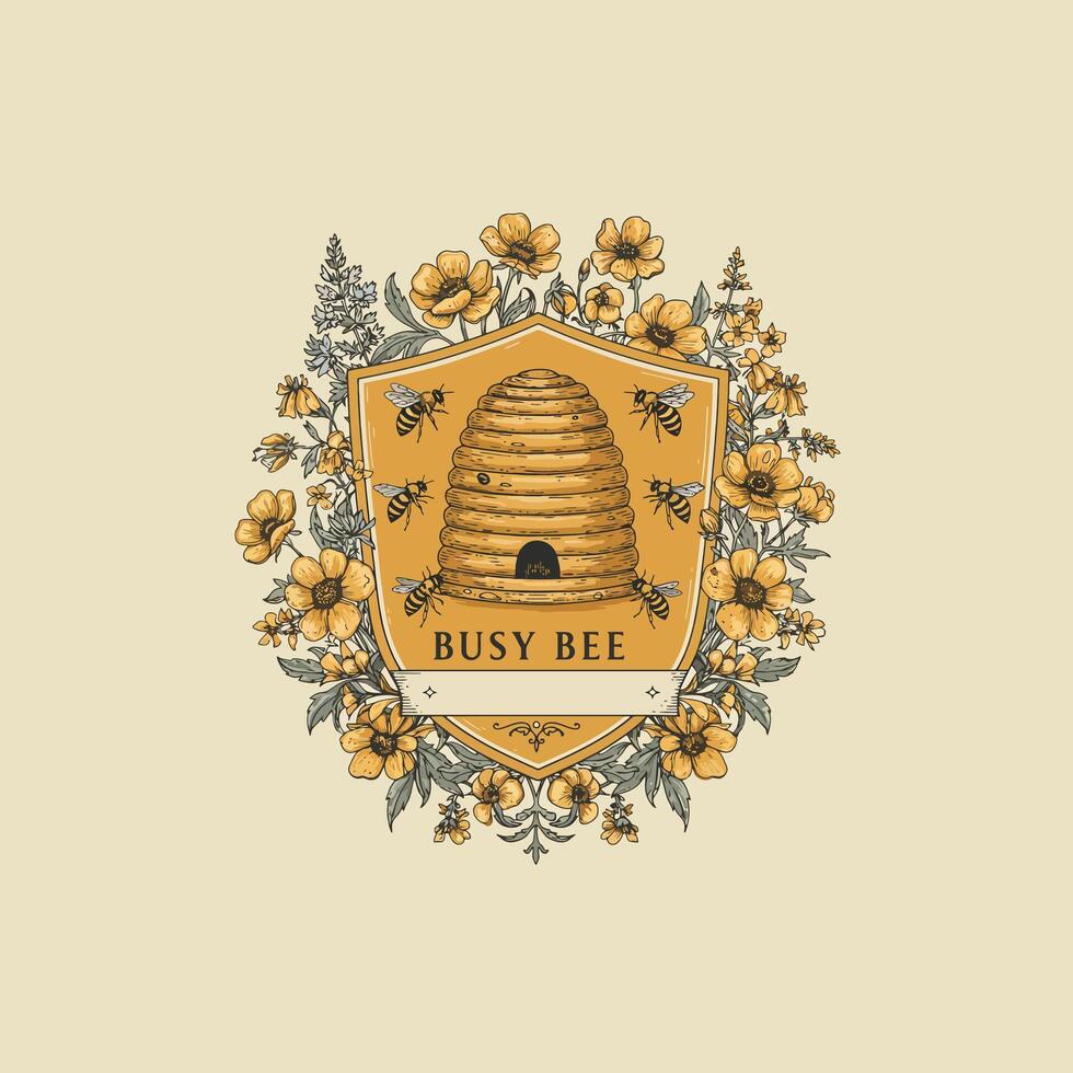 A stylized illustration depicts a beehive within a floral crest surrounded by buzzing bees and yellow flowers. vector