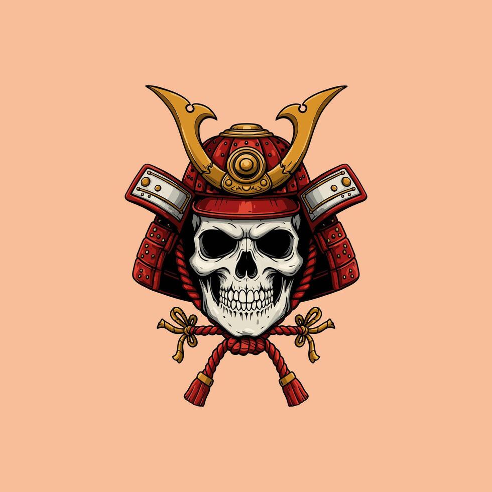 A stylized illustration of a human skull wearing a red and gold samurai helmet with a rope tied beneath. vector