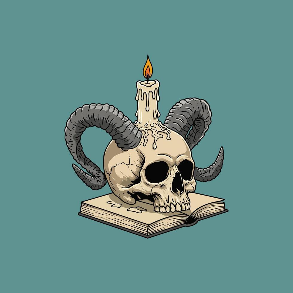 A stylized illustration depicts a skull with horns atop an open book illuminated by a burning candle. vector