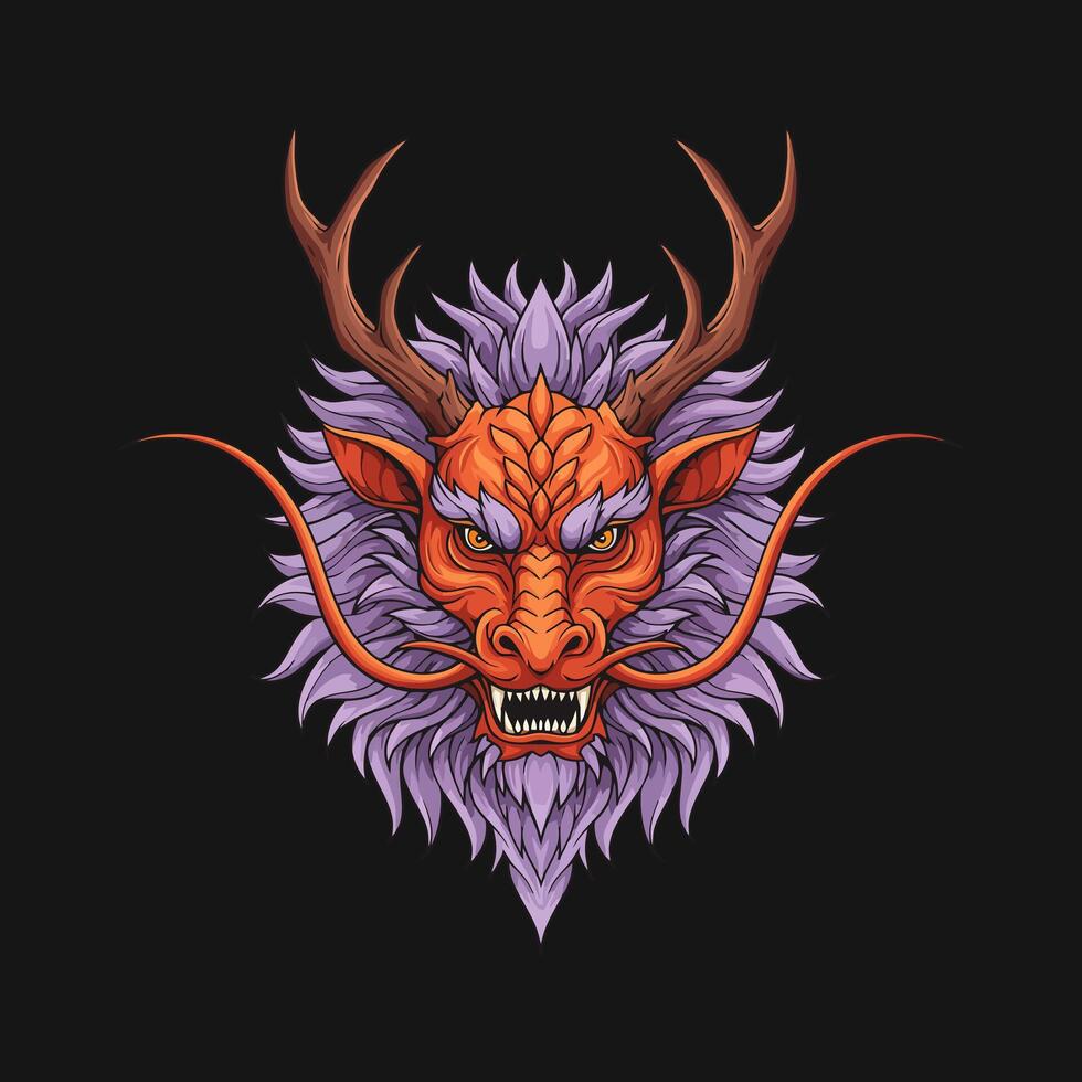 A stylized illustration depicts the head of an orange dragon with antlers and a purple mane its expression is fierce and intimidating. vector
