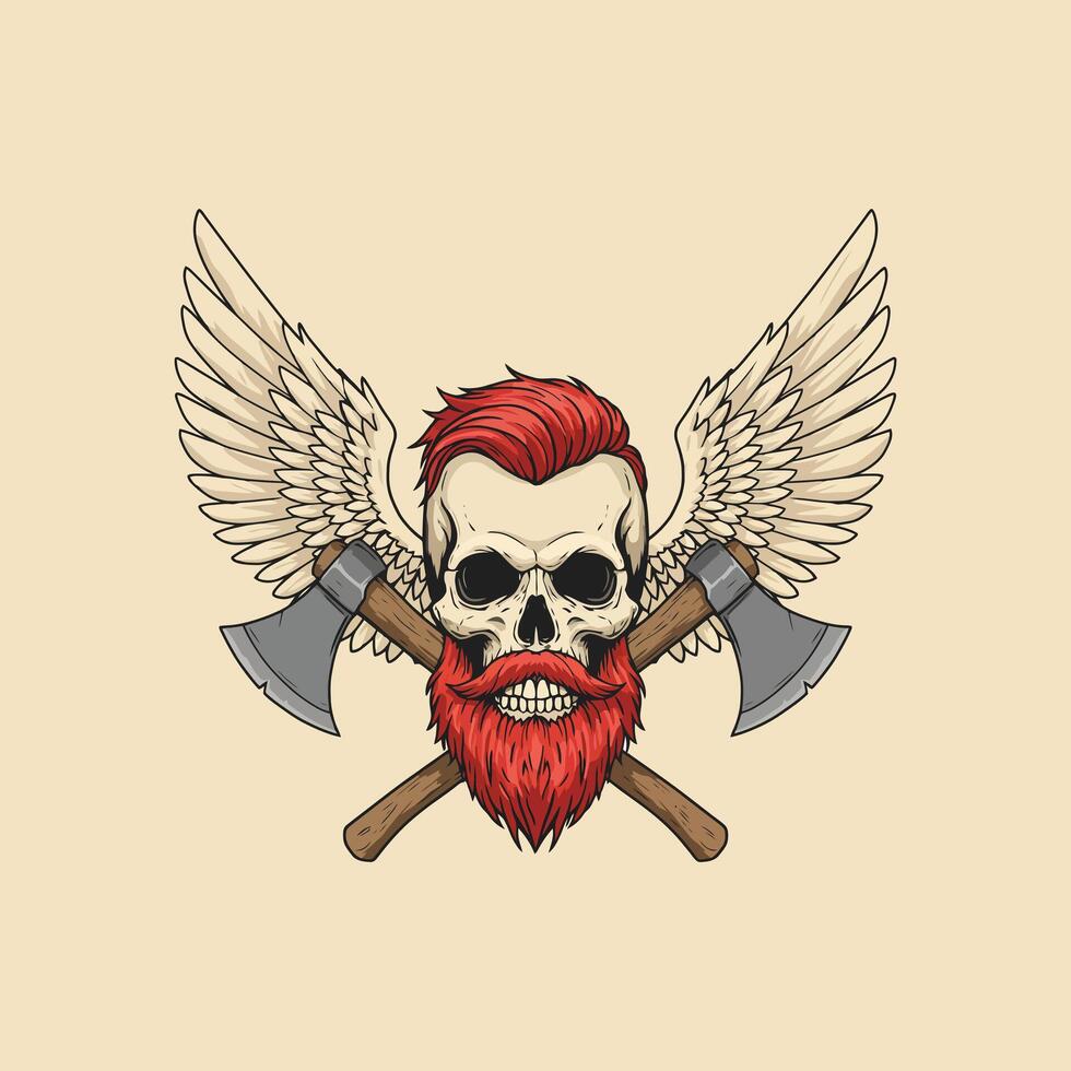 A skull with red hair and beard, wearing wings and crossed axes, is depicted in a vintage style illustration. vector