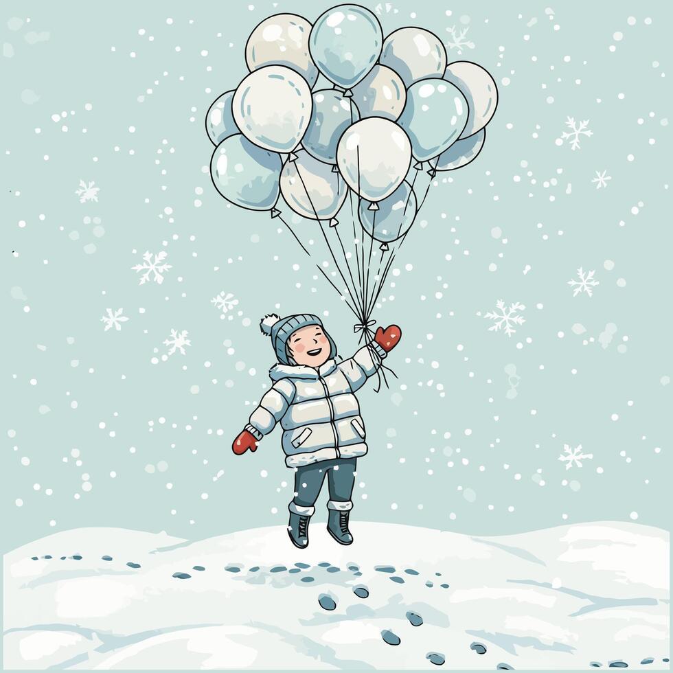A cheerful child in winter clothing floats joyfully through a snowy sky held aloft by a cluster of pastel-colored balloons. vector