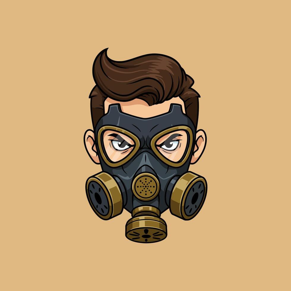 A stylized cartoon illustration of a mans head wearing a vintage style gas mask. vector