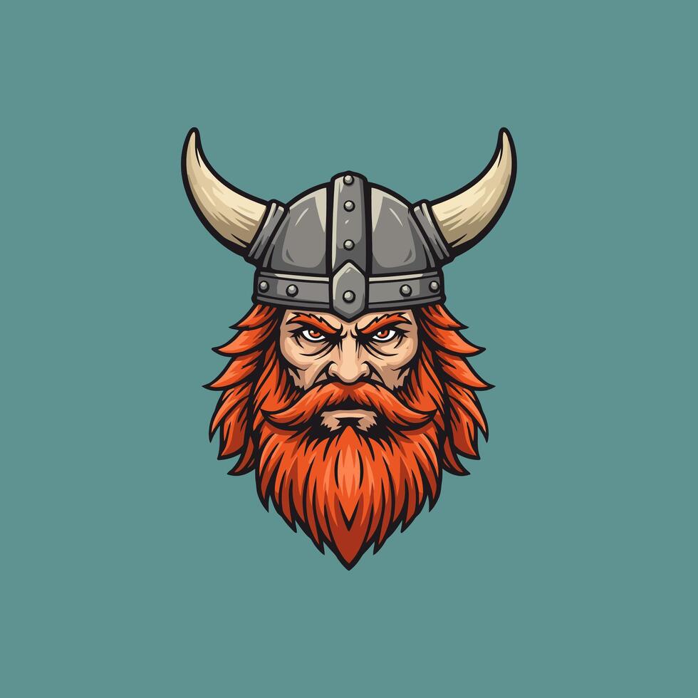 A stylized illustration depicts the head of a fierce Viking warrior wearing a horned helmet and sporting a long red beard. vector