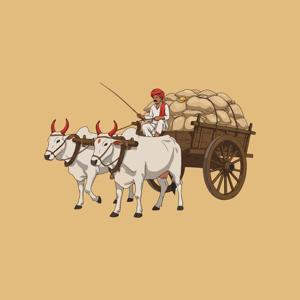A farmer in traditional attire drives a bullock cart loaded with numerous sacks of grain across a rural landscape. vector
