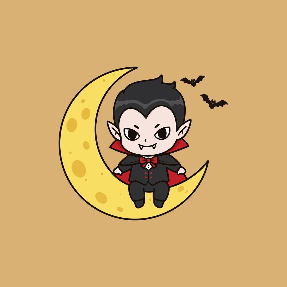A cute cartoon baby vampire sits on a crescent moon with bats flying nearby, a charming Halloween image. vector