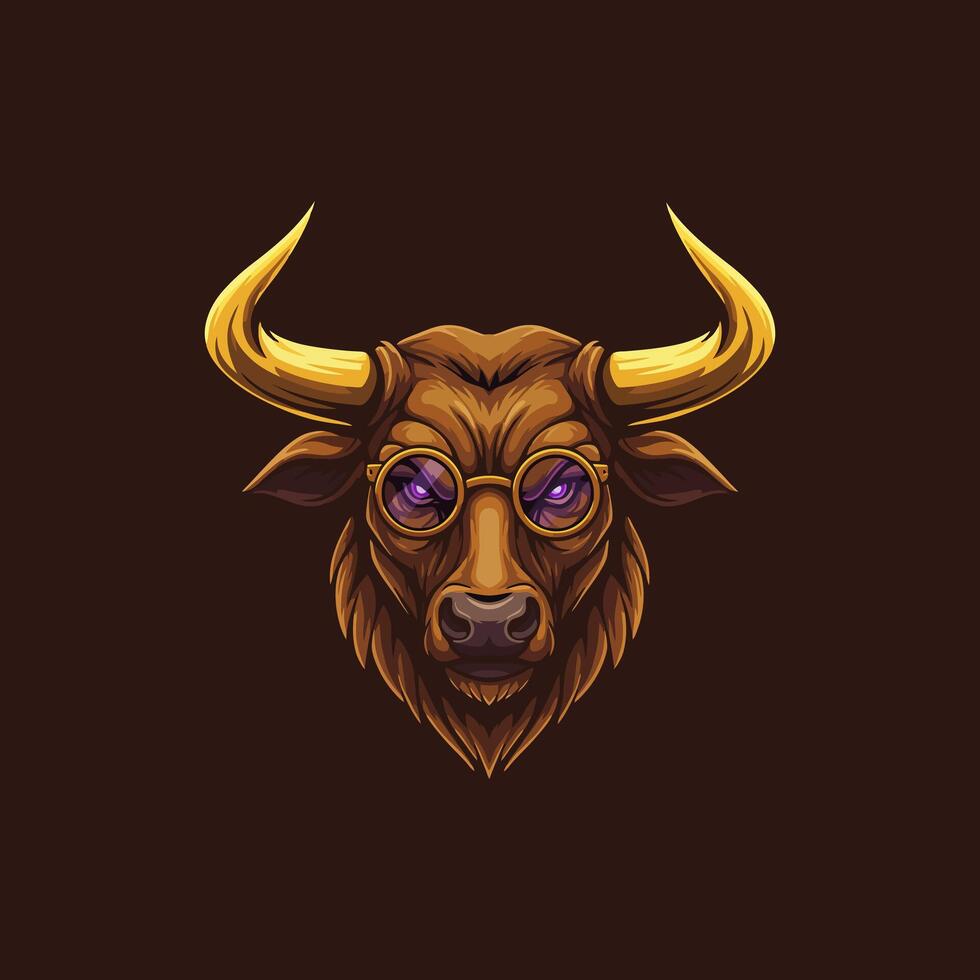 The image depicts a stylized bull head wearing round glasses with a dark background. The bull has golden horns and intense purple eyes. vector