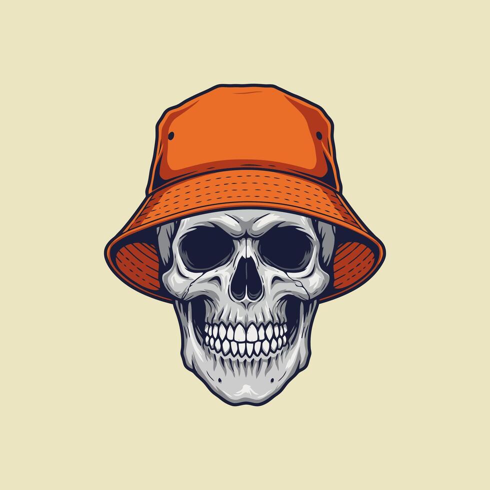 A stylized illustration of a human skull wearing a bright orange bucket hat. vector