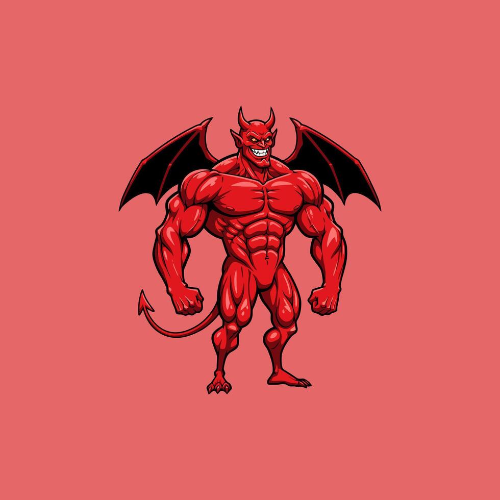 A powerful illustration depicts a red muscular devil with large wings and a tail. vector