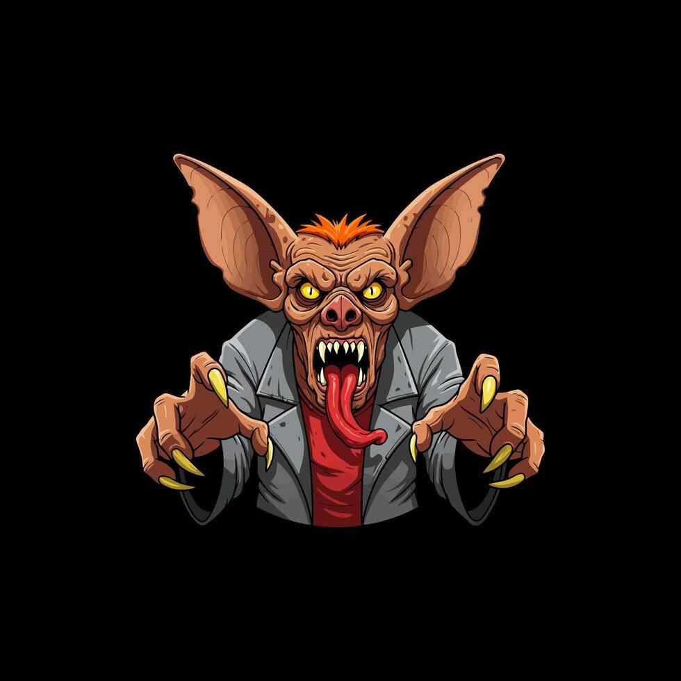 A menacing cartoon bat-like creature with sharp claws and fangs, wearing a grey jacket and red shirt. vector