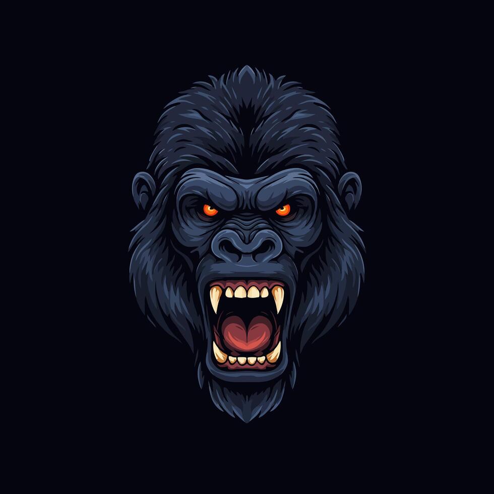 A stylized illustration depicts an angry gorilla head with bared teeth and glowing orange eyes against a dark background. vector