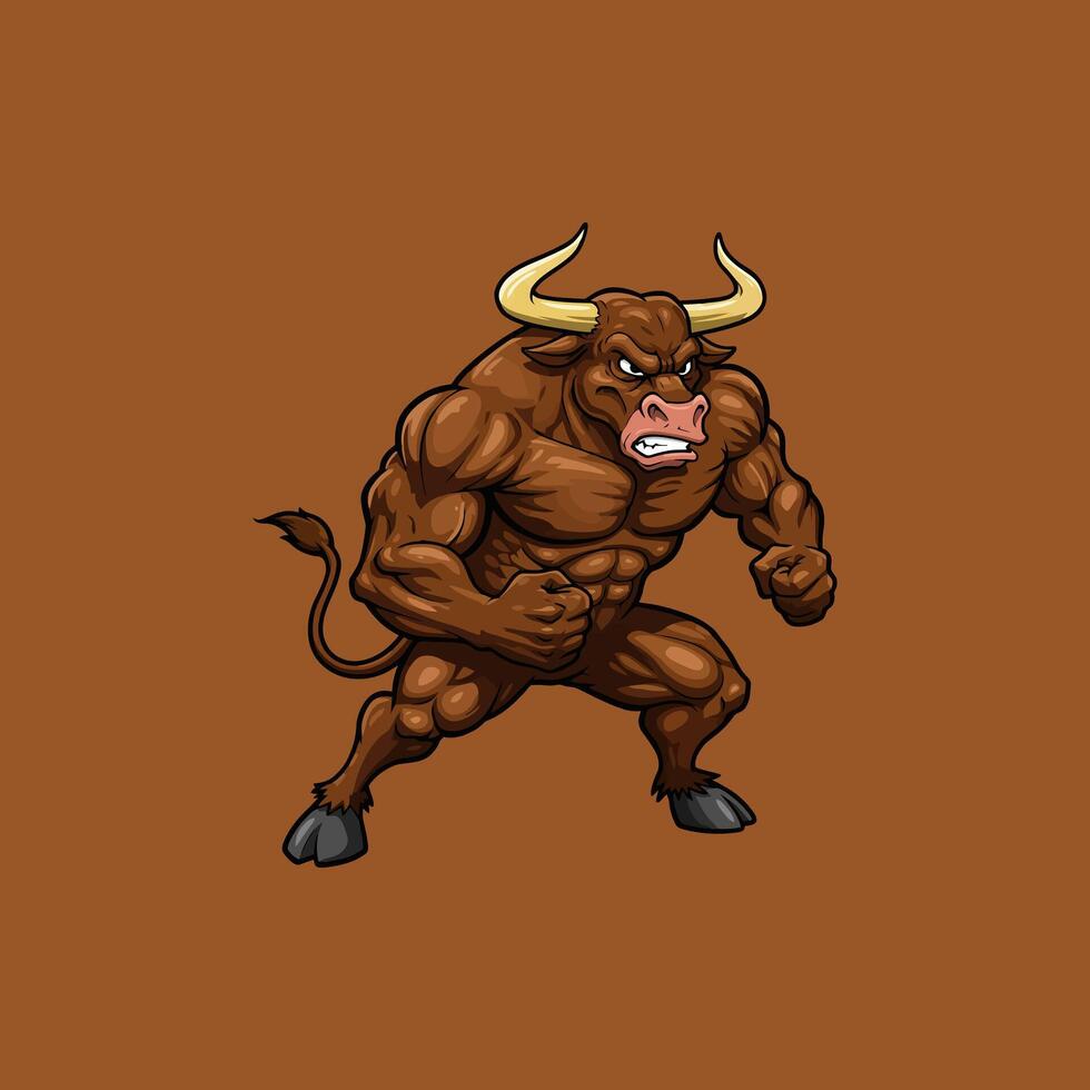 A powerful brown bull mascot illustration with large muscles, poised in a fighting stance, conveying strength and aggression. vector