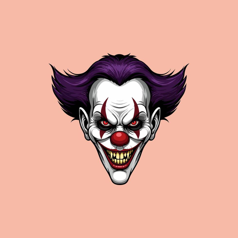A frightening illustration of an evil clowns head with purple hair and a sharp toothed grin. vector
