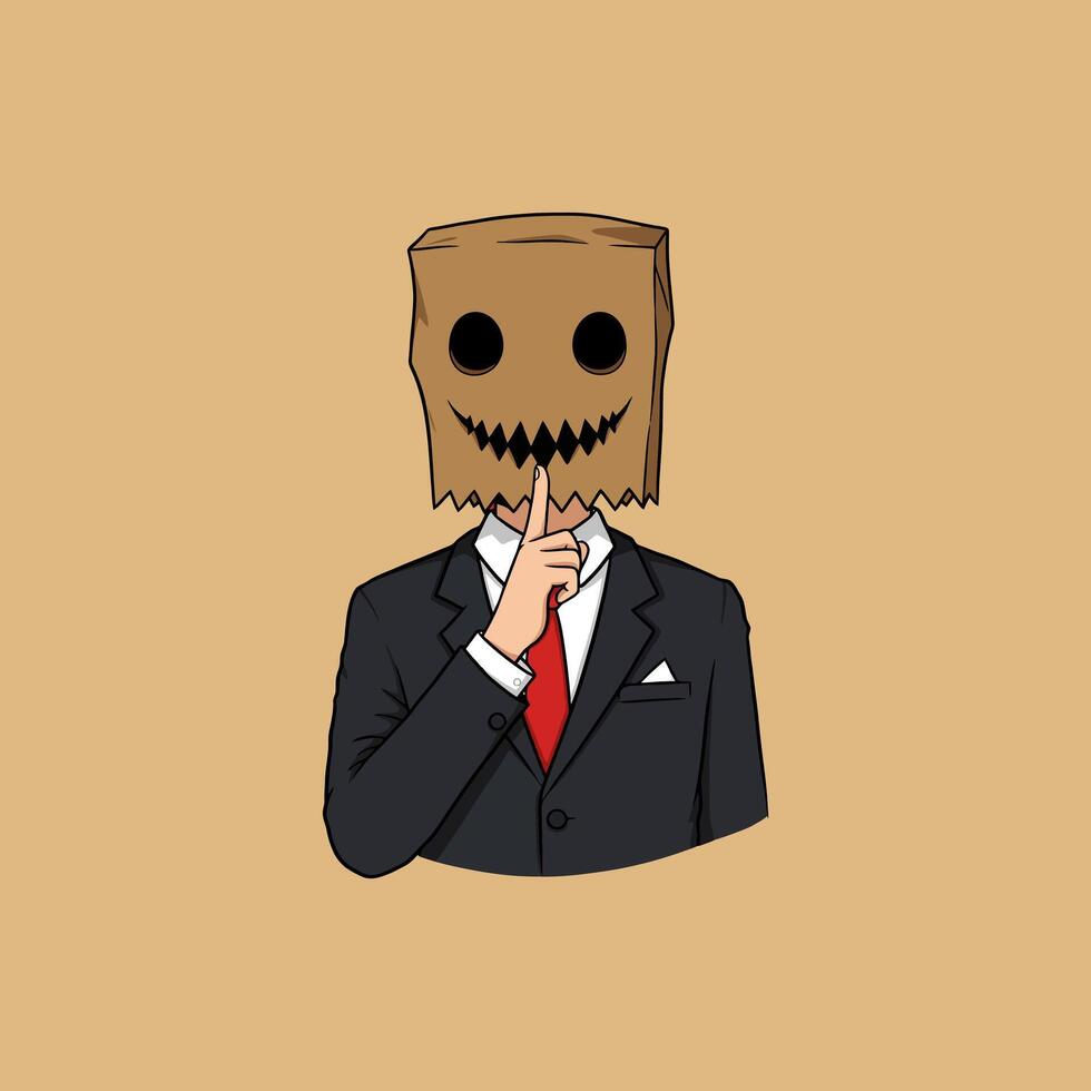 A stylized illustration depicts a businessman in a suit with a paper bag over his head, his finger to his lips indicating silence or secrecy. vector