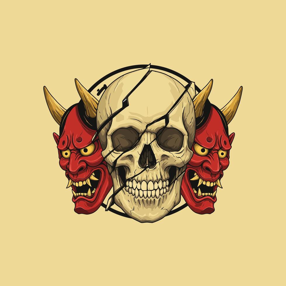 A cracked human skull is flanked by two red oni masks with gold horns and sharp teeth creating a visually striking and intense image. vector