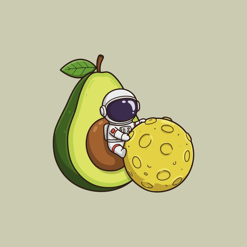 A cute cartoon astronaut sits inside a halved avocado and holds a small moon. vector