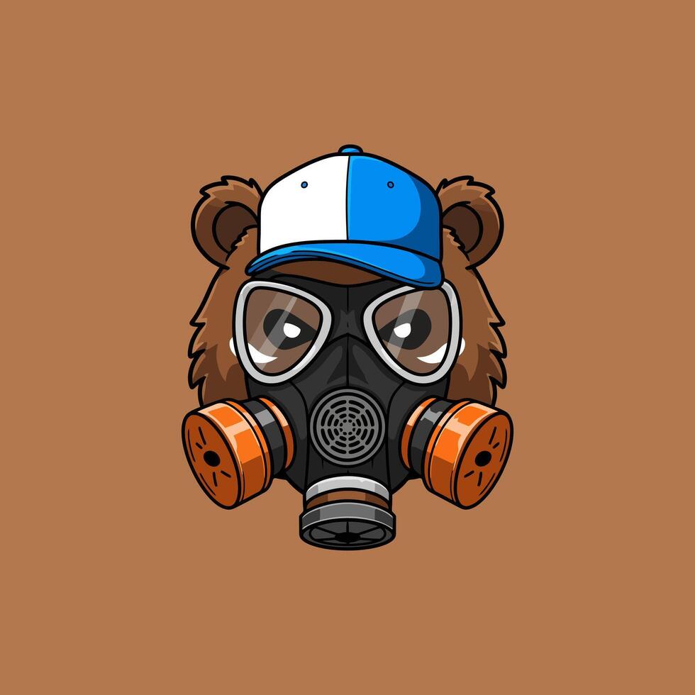 A cartoon illustration of a brown bear wearing a gas mask and a blue and white baseball cap. vector