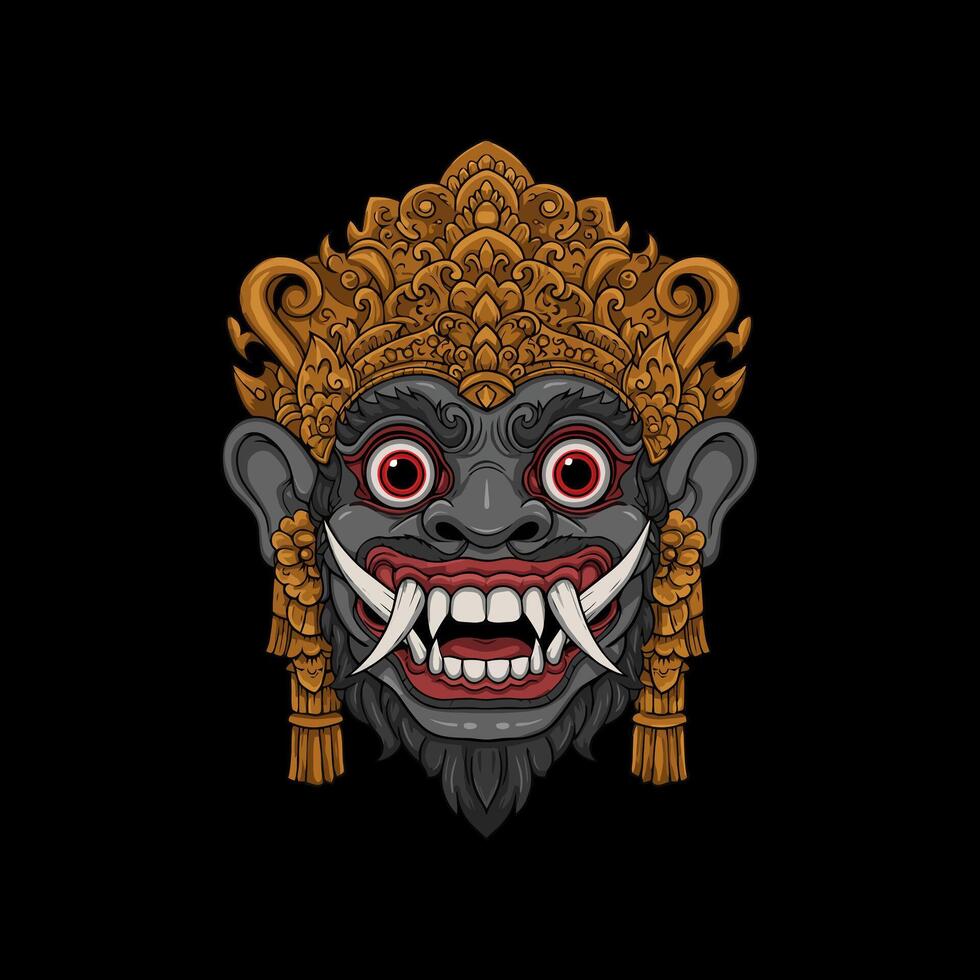 A detailed illustration of a Balinese monkey-like mask with a golden crown and fierce expression. vector