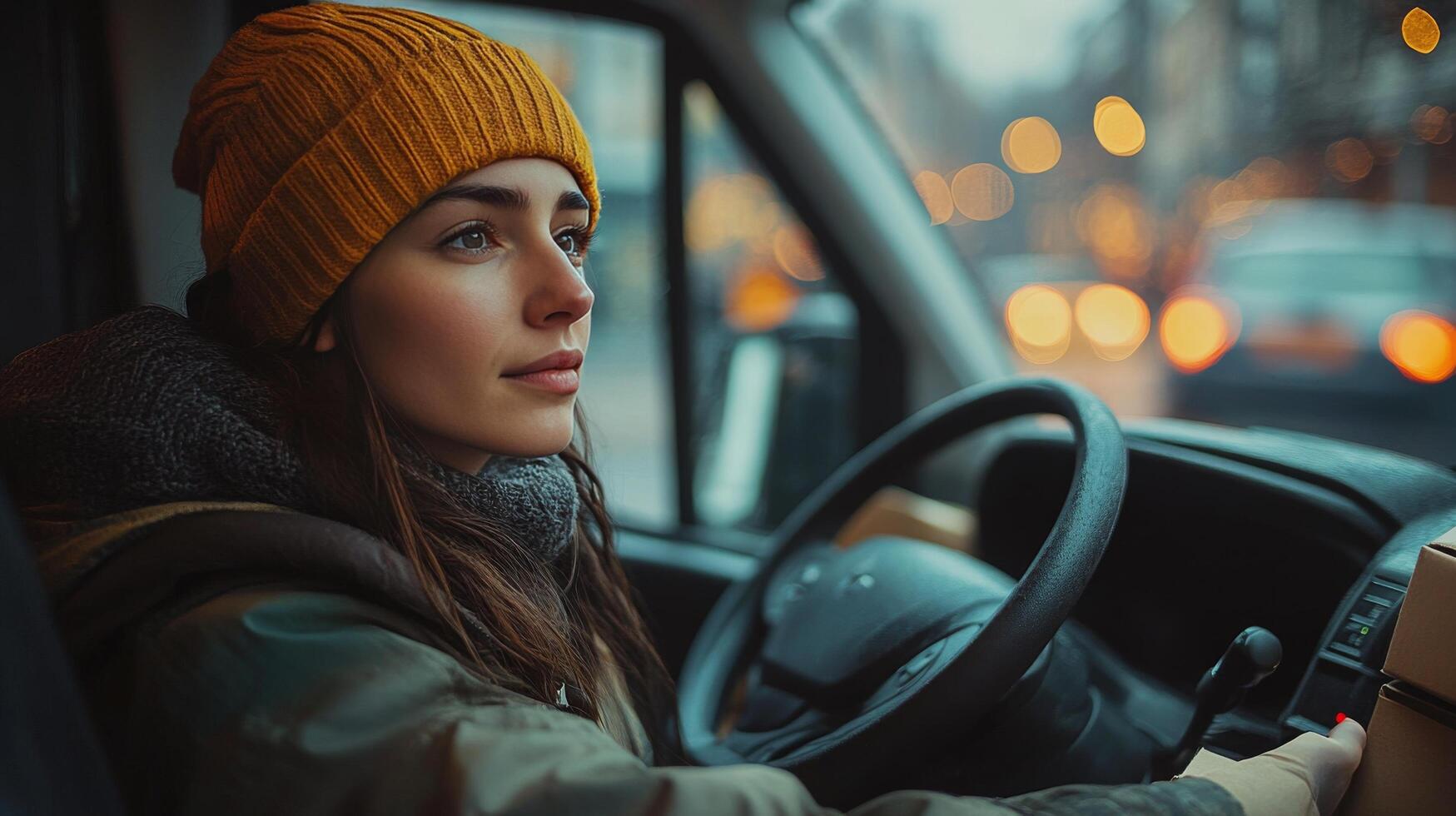 Young woman driving a delivery van in a city during twilight with a thoughtful expression photo