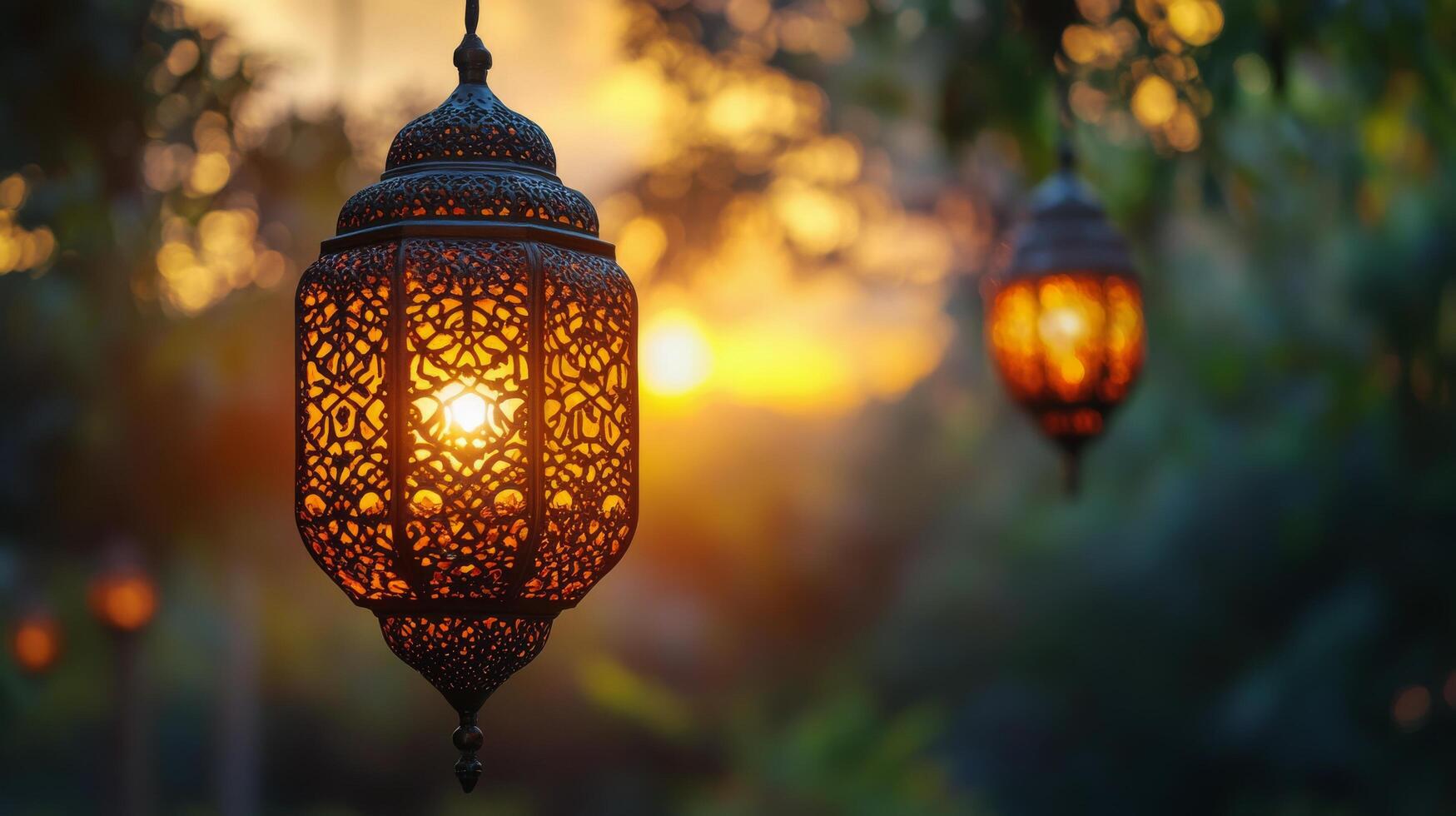 Lantern glowing in twilight with intricate patterns surrounded by lush greenery and warm sunset light photo