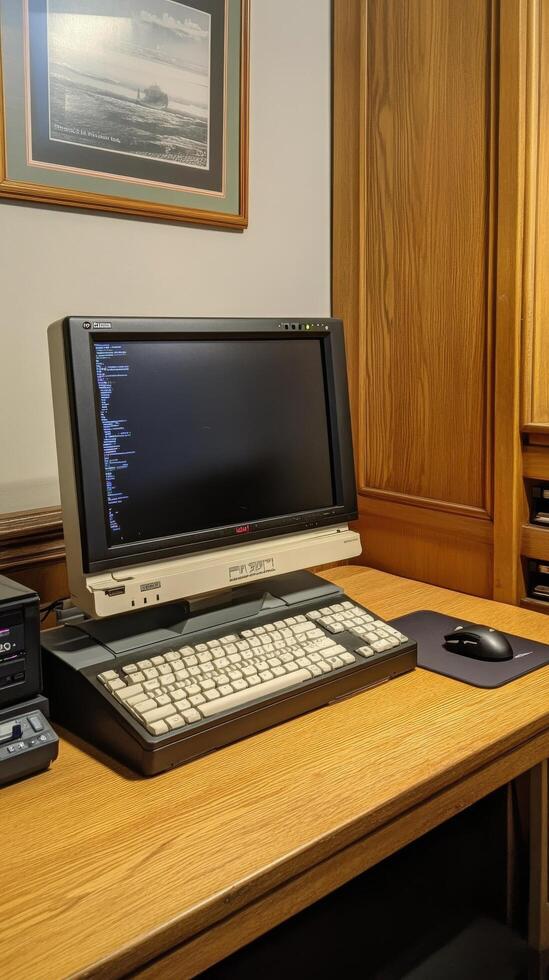 Vintage computer setup with monitor and keyboard on a wooden desk photo