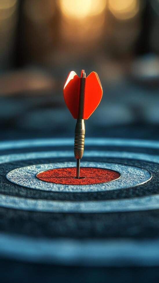 Dart with heart-shaped tip hitting the center of target in a serene blue water background photo