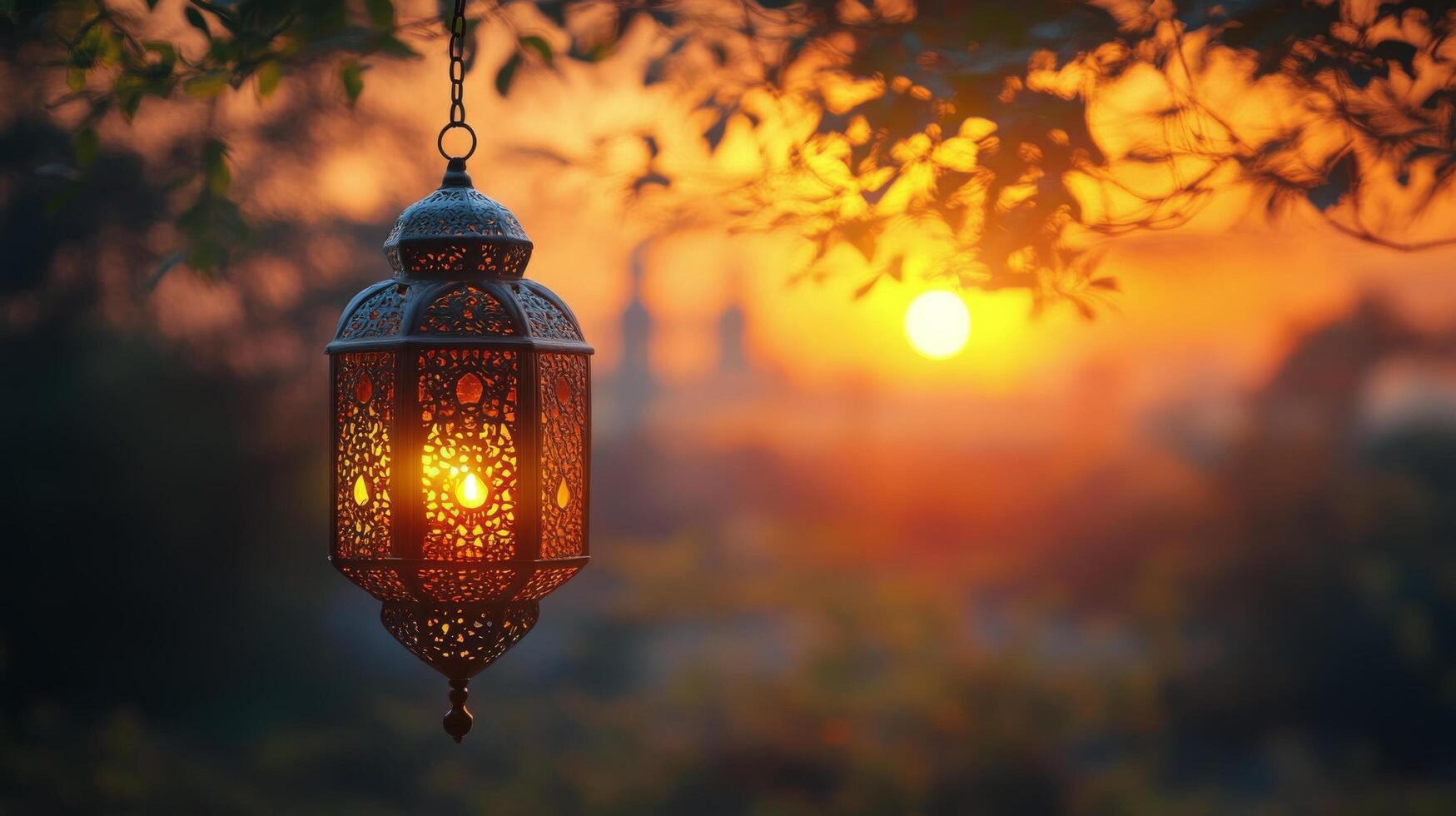 Lantern glowing in twilight with intricate patterns surrounded by lush greenery and warm sunset light photo