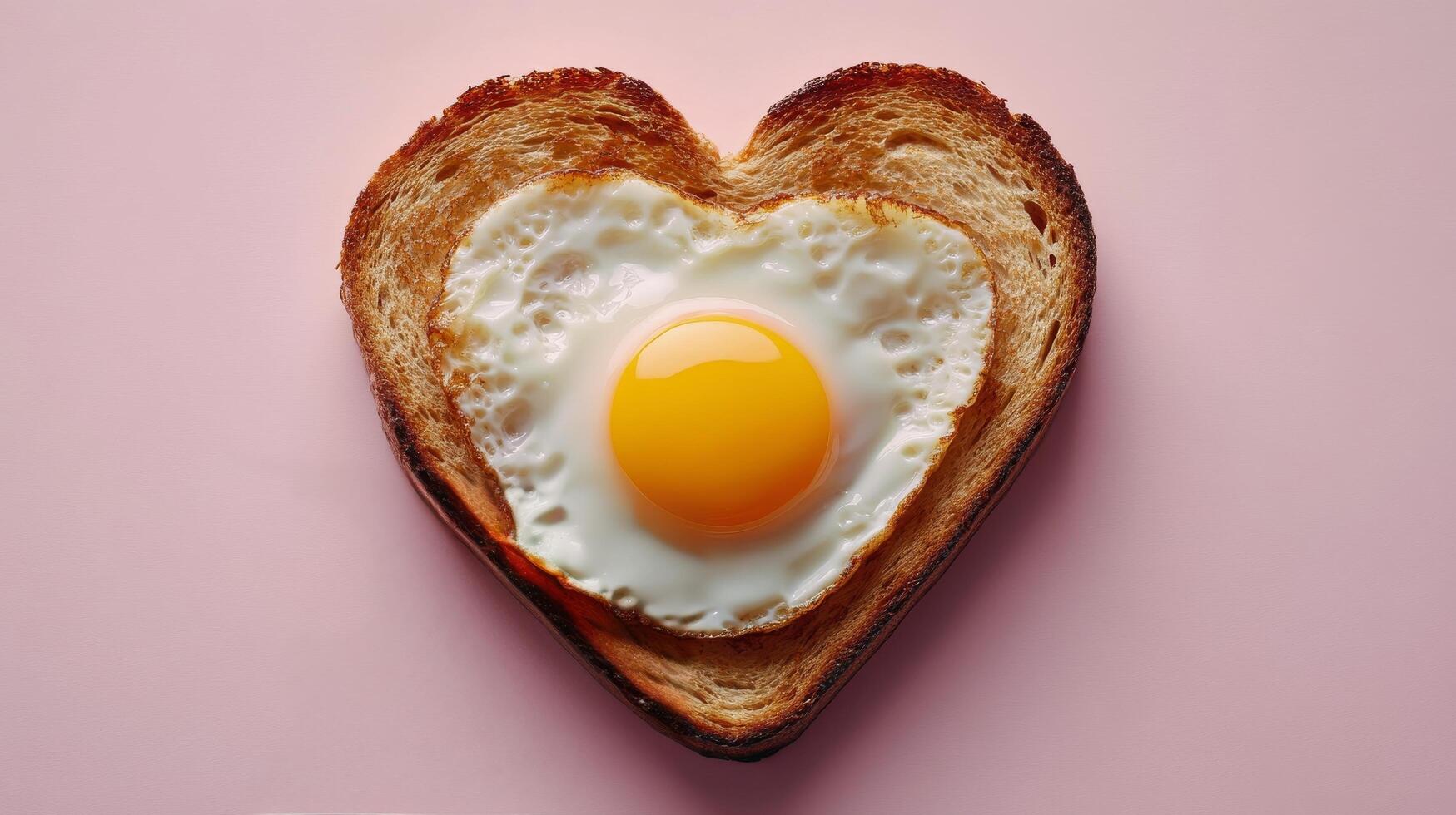 Creative breakfast with fried egg in heart-shaped toast on pink background photo