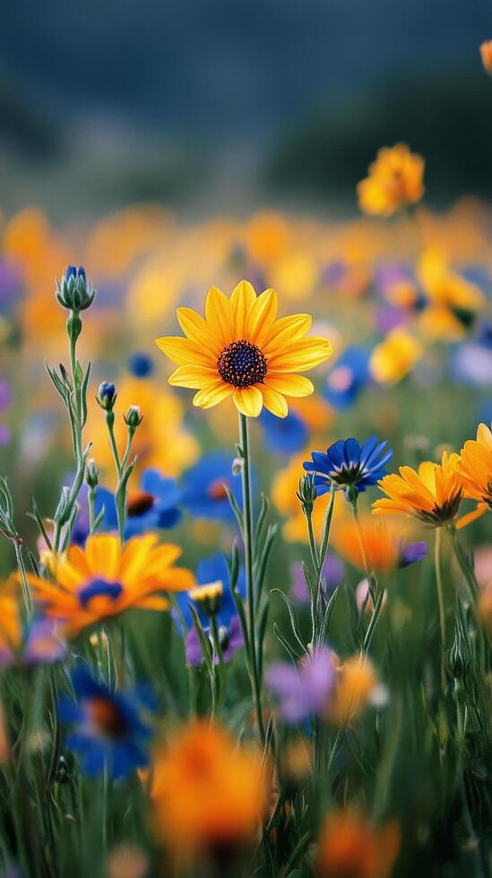 Vibrant yellow and blue wildflower field in late spring with lush green background photo