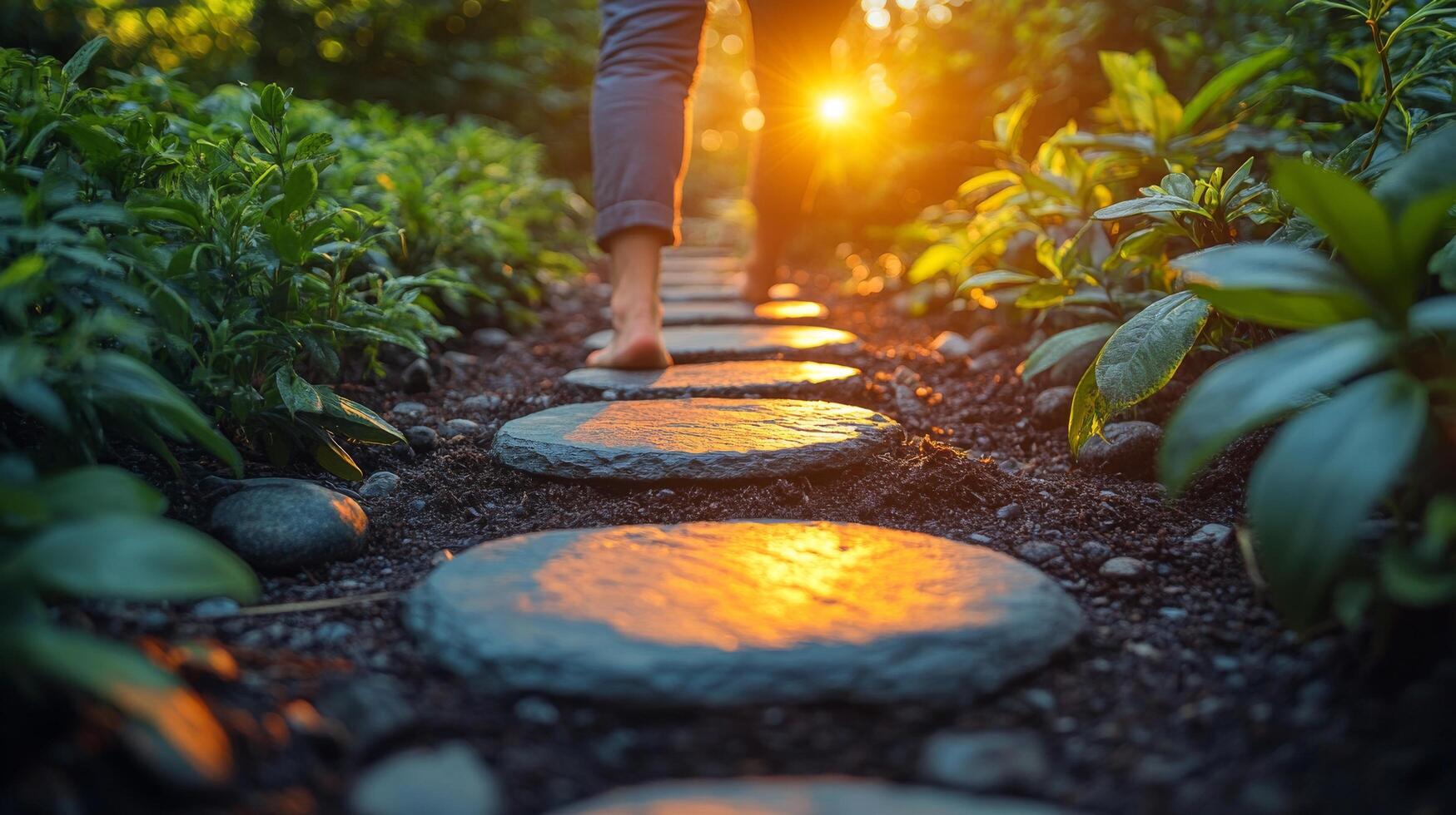 Walking barefoot on a stone pathway in a lush garden at sunset photo