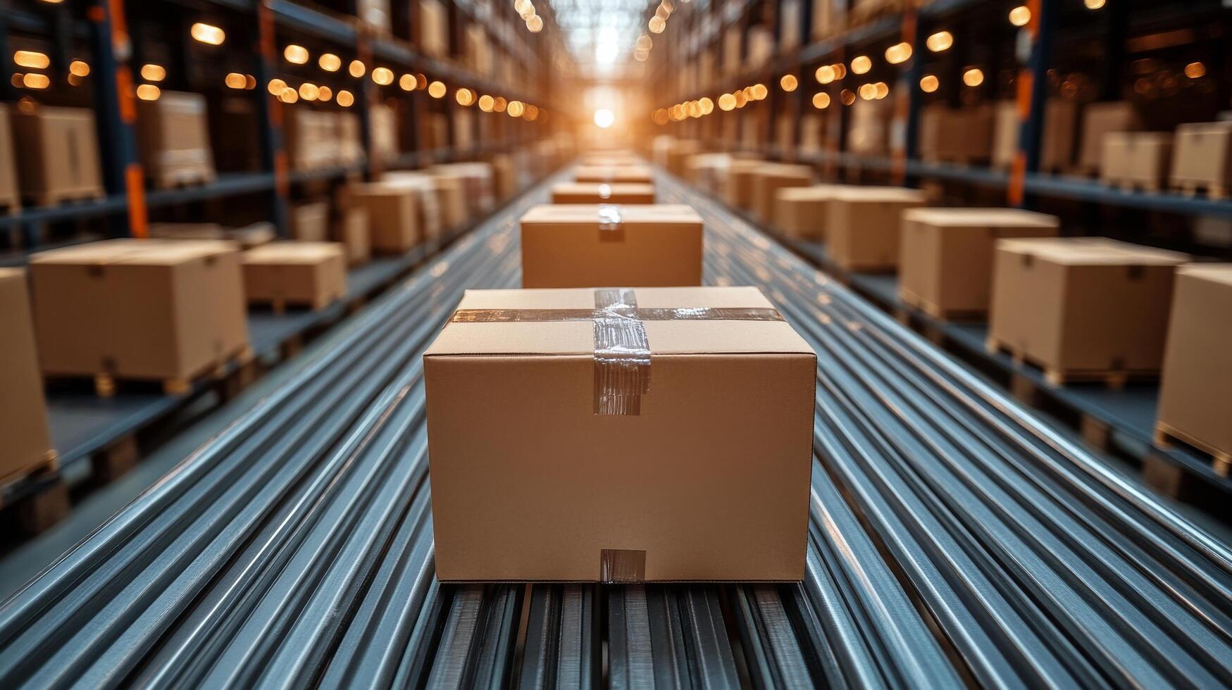 Warehouse filled with stacked cardboard boxes ready for shipment in a large distribution center photo