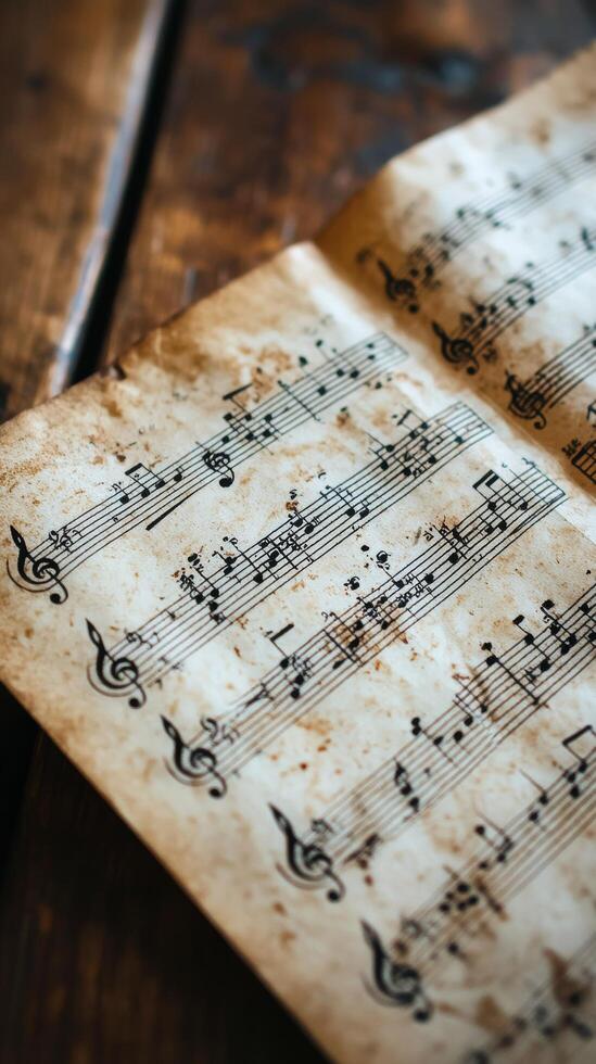Vintage sheet music displaying intricate notes and markings on aged paper photo