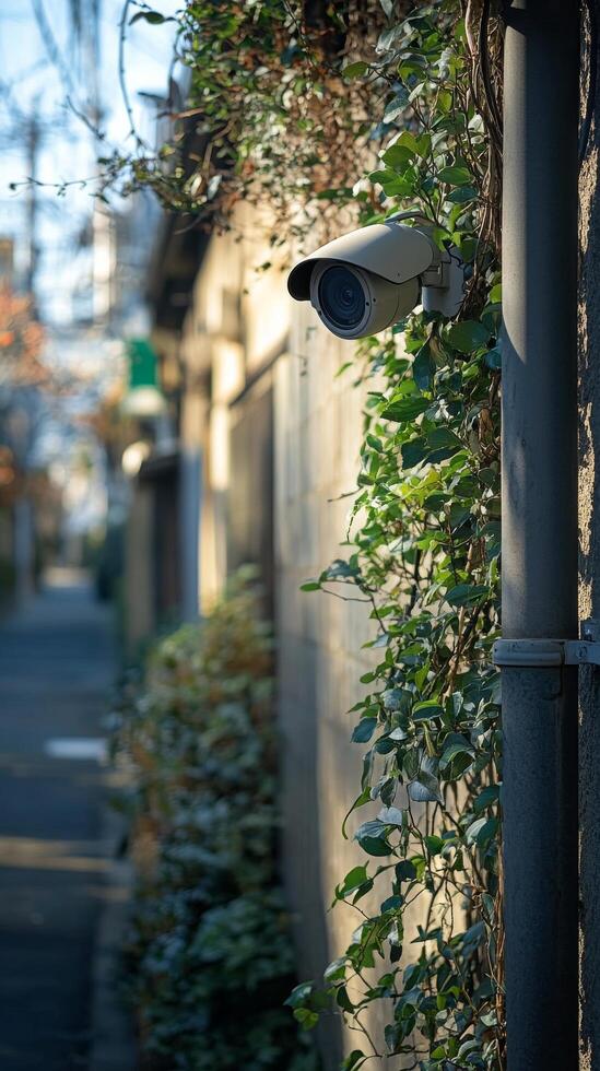 Vintage street lamp illuminates urban building facade during evening hours photo