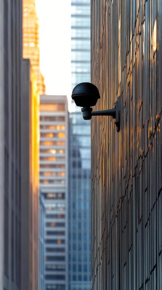 Vintage street lamp illuminates urban building facade during evening hours photo