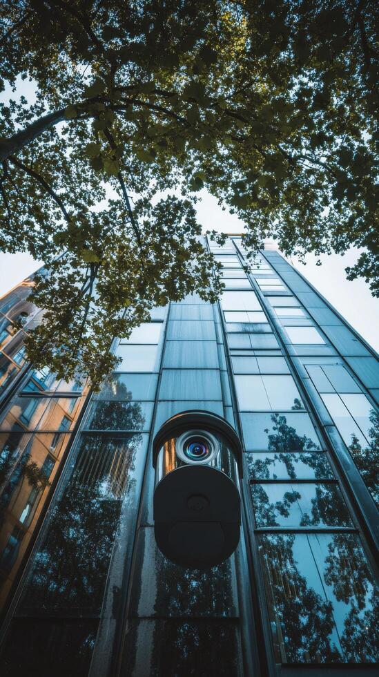 Vintage street lamp illuminates urban building facade during evening hours photo