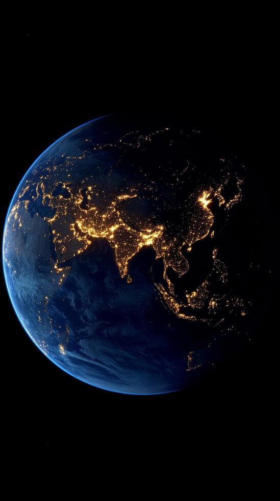 View of Earth from space showcasing city lights and cloud formations at night photo