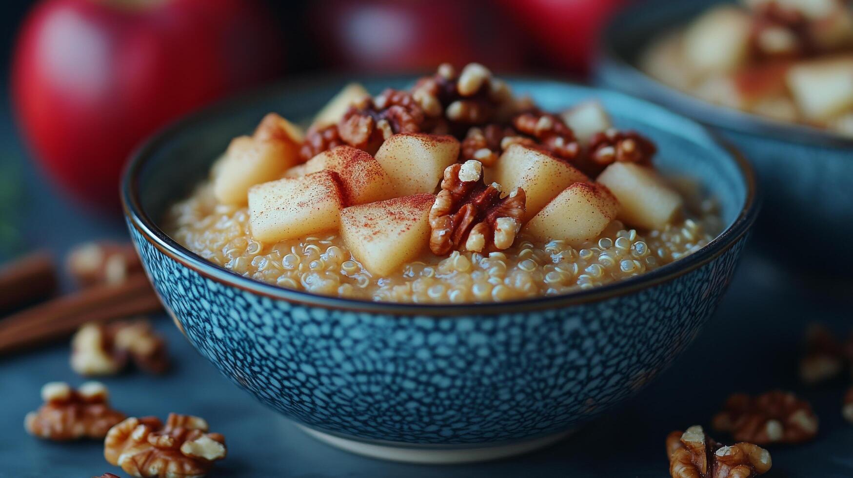 Warm apple and pecan quinoa bowl served with cinnamon and nutmeg for breakfast or snack photo