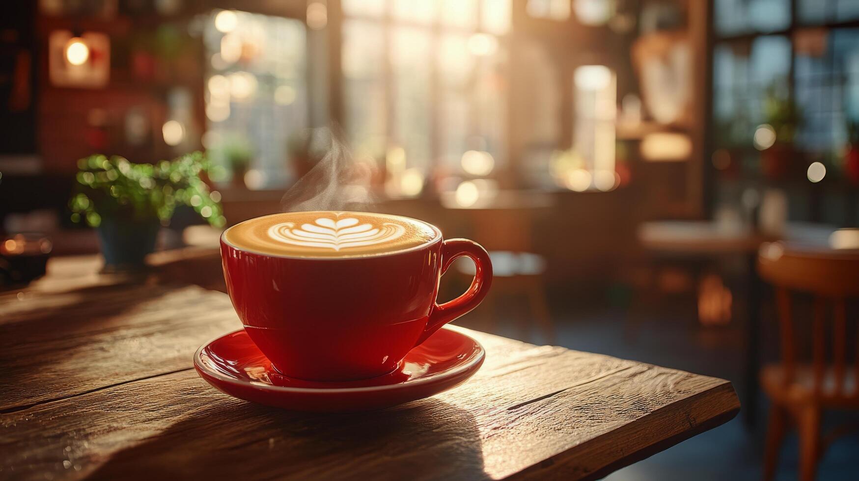 Warm coffee cup with latte art sitting on wooden table in a cozy cafe during afternoon sunlight photo