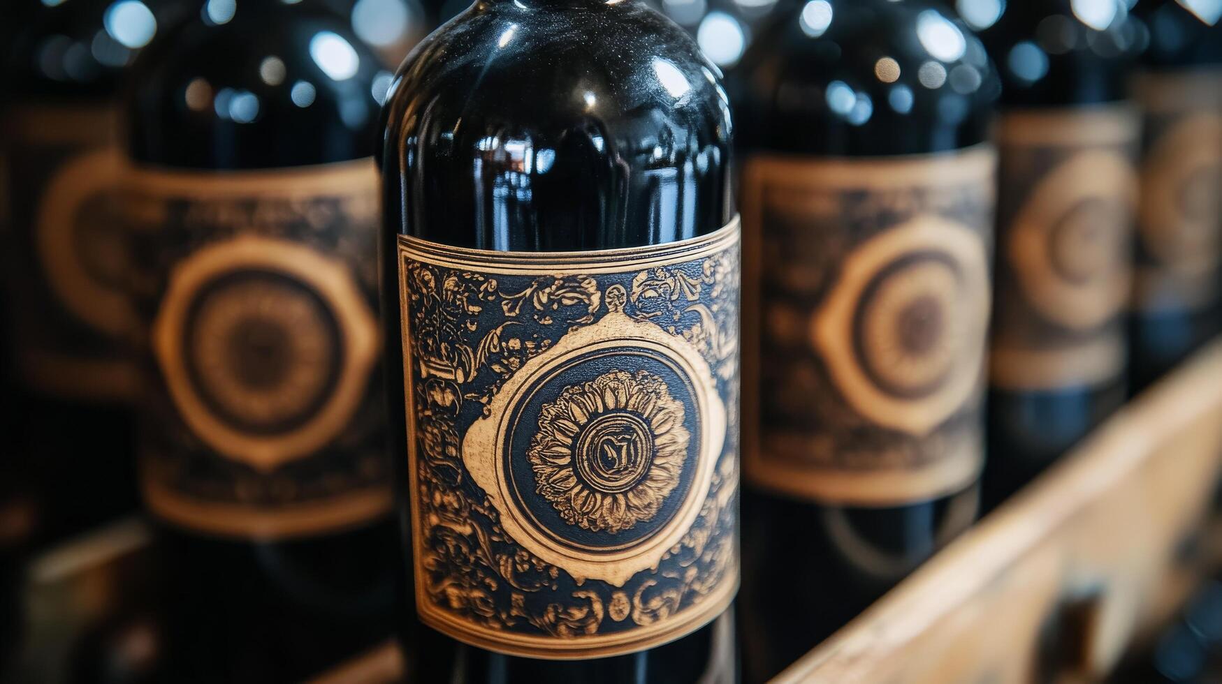 Vintage wine bottles arranged on a wooden shelf with decorative box in an antique store photo