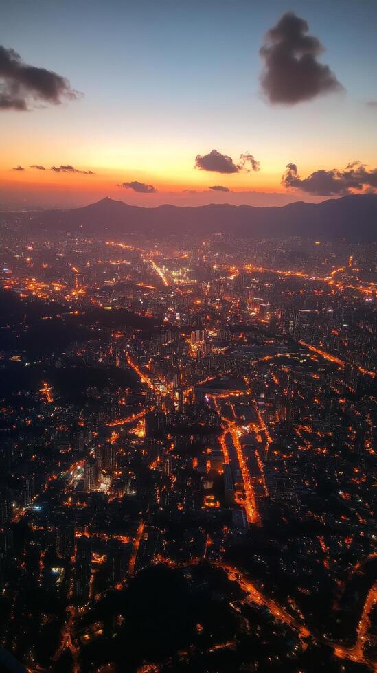 View of city skyline illuminated at sunset with mountains in the background photo