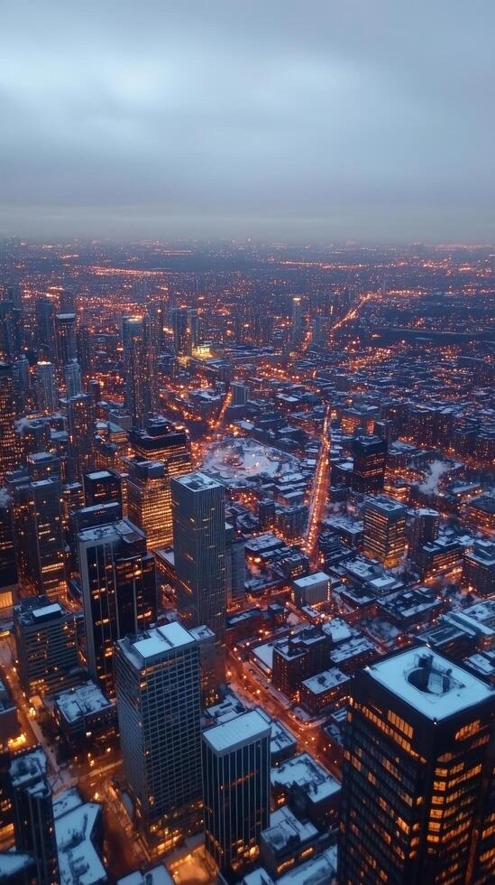View of city skyline illuminated at sunset with mountains in the background photo
