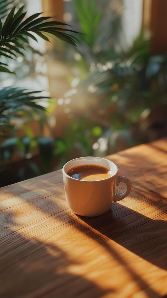 Warm coffee in a cozy setting by the window during a quiet morning photo