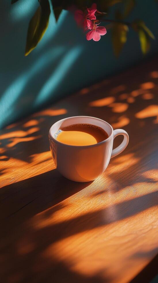 Warm coffee in a cozy setting by the window during a quiet morning photo