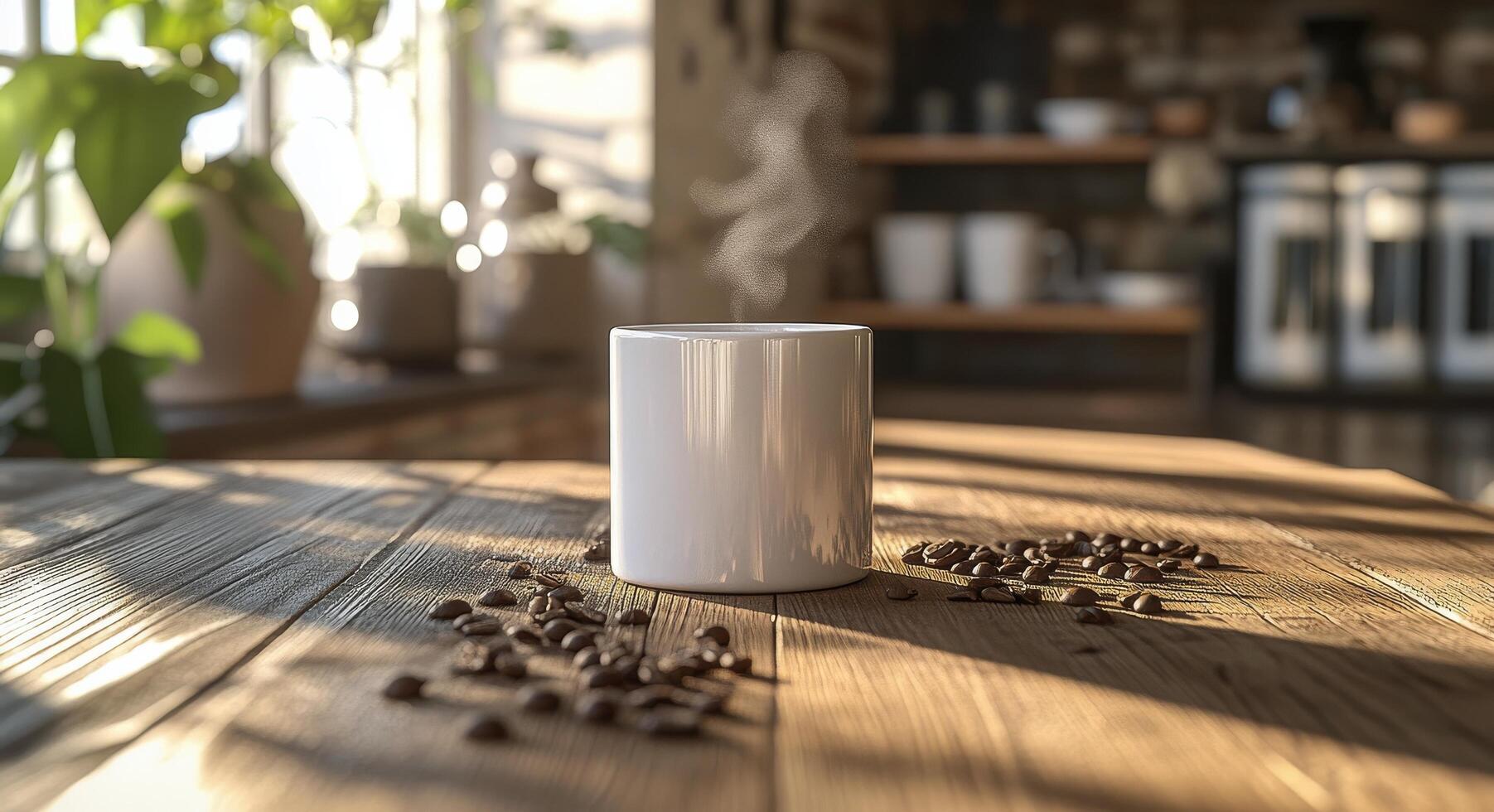 Warm coffee cup surrounded by coffee beans on rustic wooden table in cozy kitchen setting photo