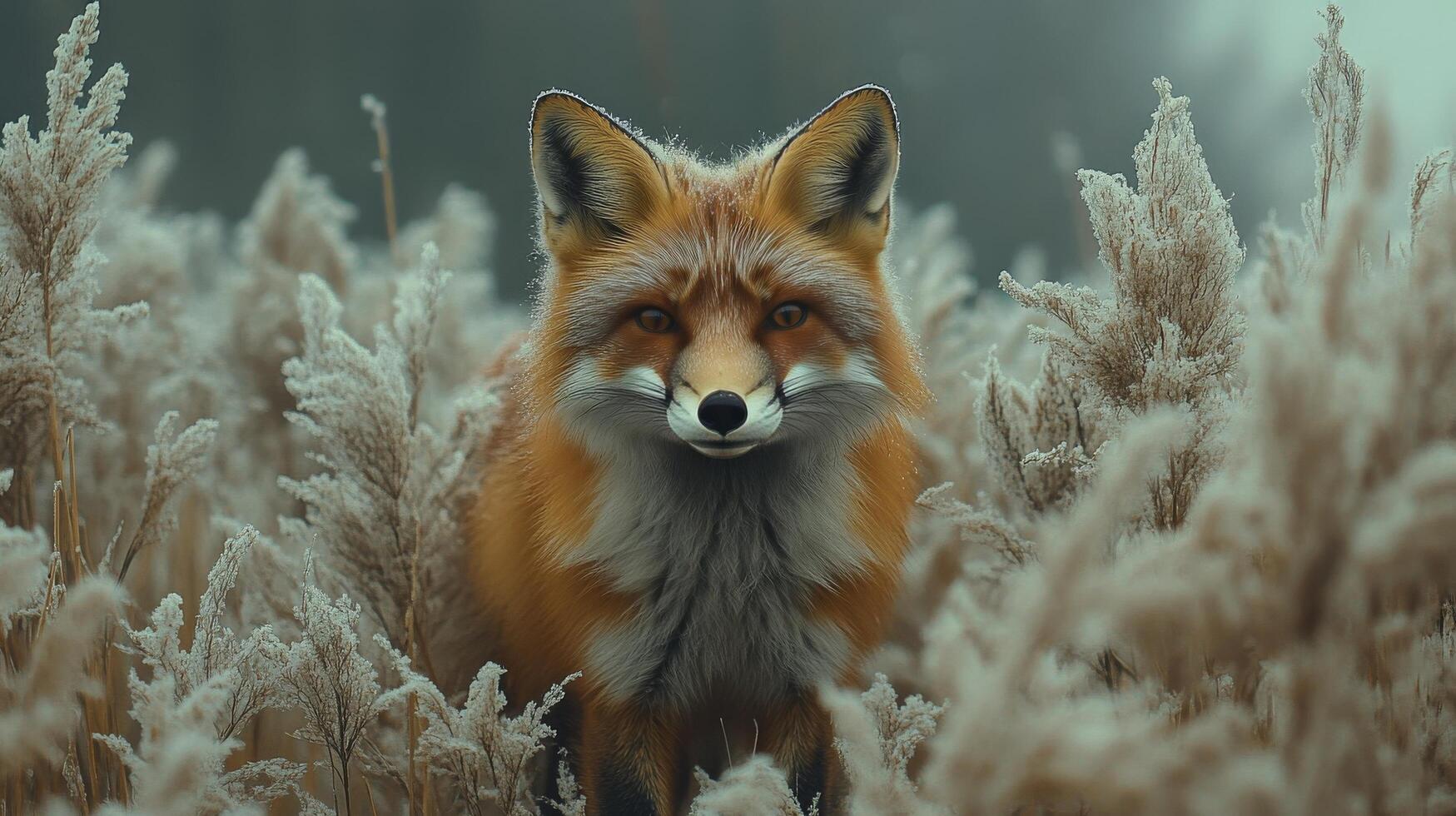 Red fox running through a snowy landscape during winter photo