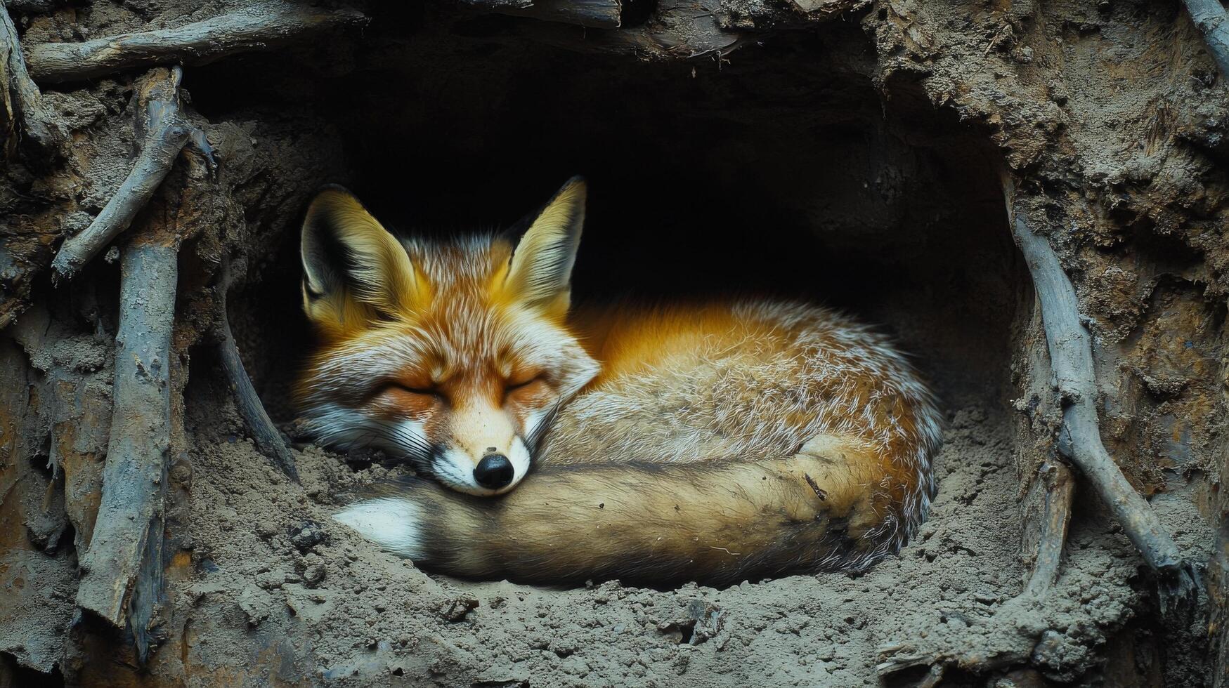 Red fox resting peacefully in its burrow during the day in a natural habitat photo