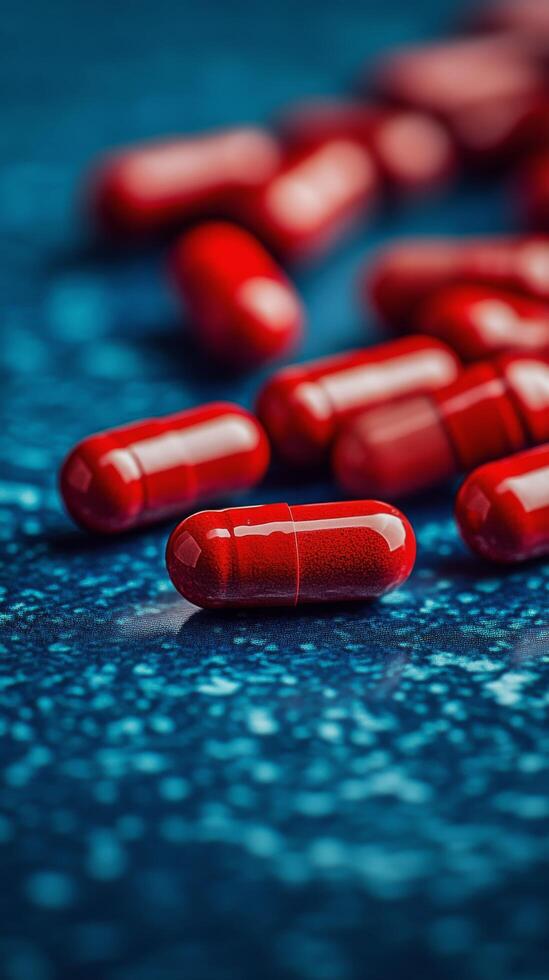 Red capsules scattered on a vibrant blue surface highlighting texture and detail photo