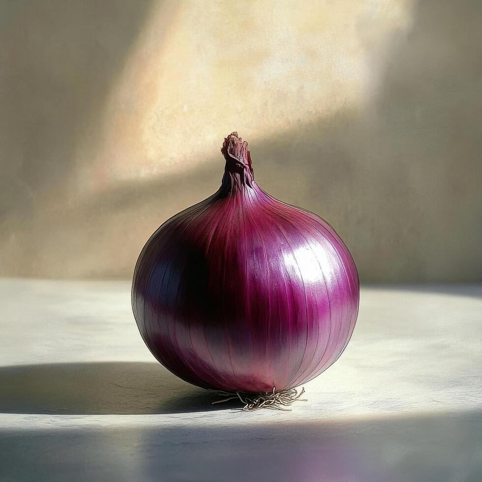 Purple onion resting on a surface with soft natural light highlighting its texture and color photo